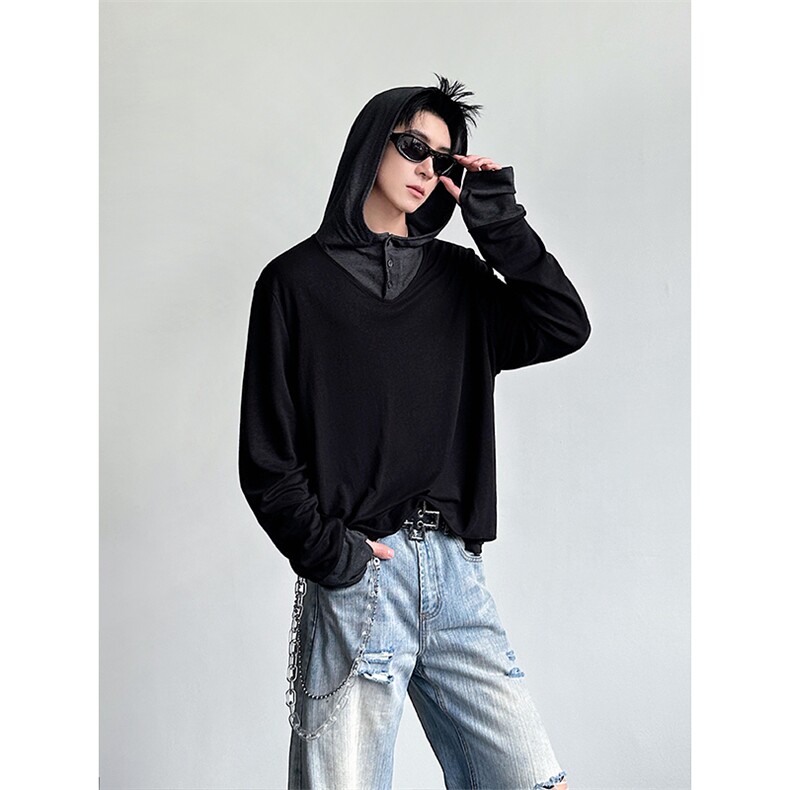 春季复古无性别撞色拼接弹力T恤男女内搭连帽长袖打底衫T25058P68，男装T恤，星座512-1（原513-3）