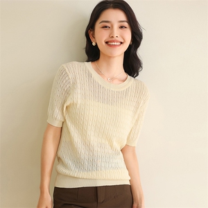 夏季2025新款法式高级圆领短款短袖纯棉针织t恤女宽松打底上衣薄图片