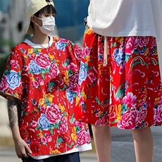 TZ2008男士夏季圆领短袖短裤人棉东北大花布透气凉爽套装大码男，男装休闲套装，星座115A(原星座507）