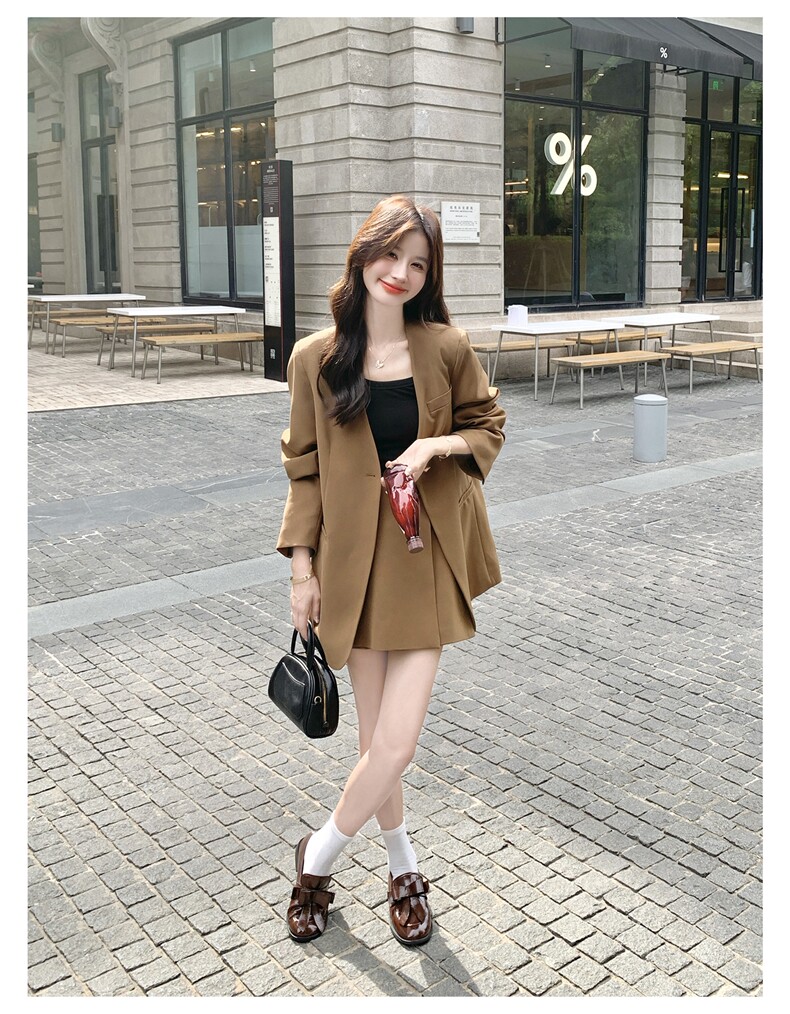 卡其色通勤老钱风西装套装女2025春秋季新款显瘦外套半身裙两件套,女装套装/套裙,2C088