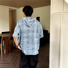 原版格子纹连帽短袖衬衫宽松休闲舒适衬衣CS14，男装衬衫，星座1116A-1（原606A）