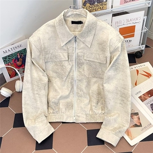 做旧扎染pu皮外套男美式cleanfit皮衣春秋季宽松潮牌机车夹克图片