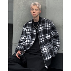 潮牌男秋冬季夹克黑白格纹立领棒球服毛尼夹克JK98-P98，男装夹克，电商C307