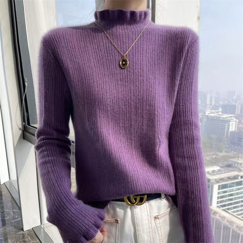 秋冬100%纯羊毛衫女花边半高领长袖坑条针织毛衣羊绒衫内搭打底衫,针织衫/毛衣,萱芳婷羊绒