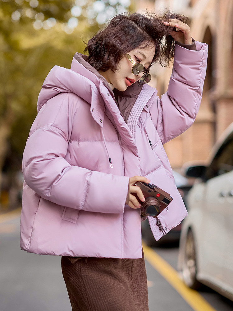超好看咖色短款羽绒服女2025冬季新款小个子连帽白鸭绒面包服外套,女装羽绒服,梦懿尔