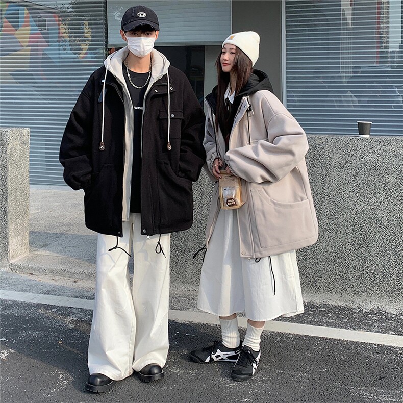 EQ158情侣装冬季毛呢外套2024新款纯色连帽加厚呢子大衣男女同款,女装毛呢外套,电商C306-1