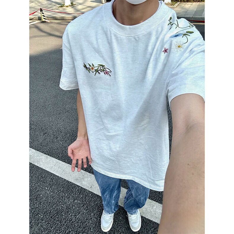 万针全刺绣工艺抖音得物高品质260克重磅纯棉双纱美式高街短袖T恤,男装T恤,电商A486