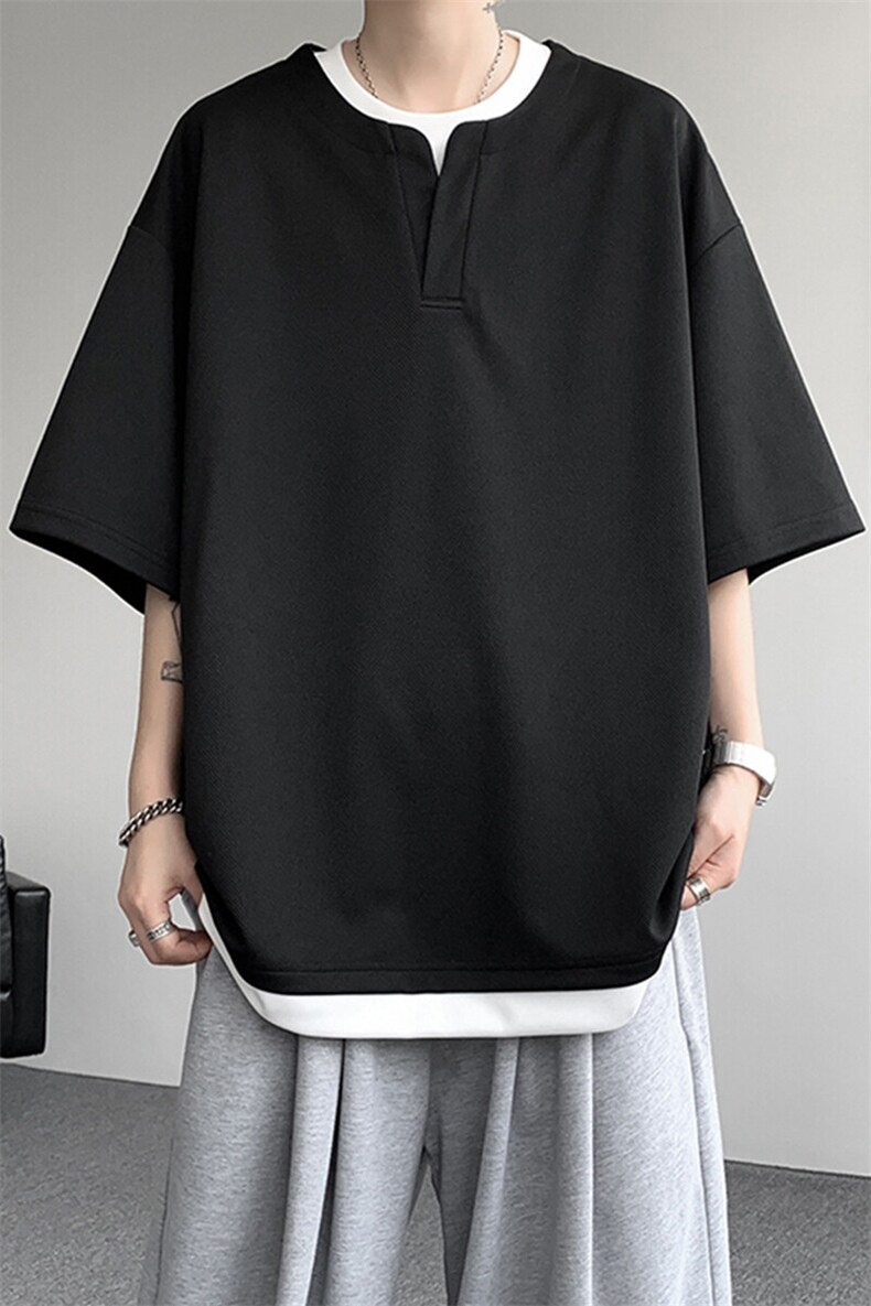 8XL-M重磅斜纹假两件短袖t恤男夏季薄款宽松大码半袖体恤DT006P45,男装T恤,电商B312