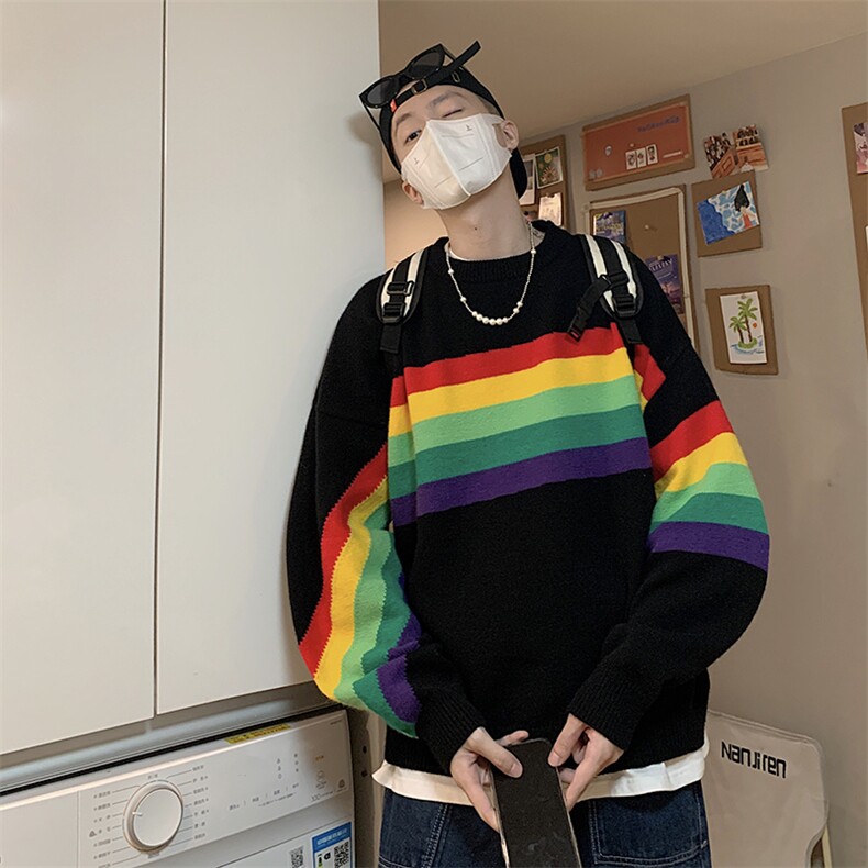 现货~彩虹条纹毛衣男装宽松圆领毛衫休闲XZ716A-1-M265P75，男装针织衫/毛衣，星座716A-1（原星座815）