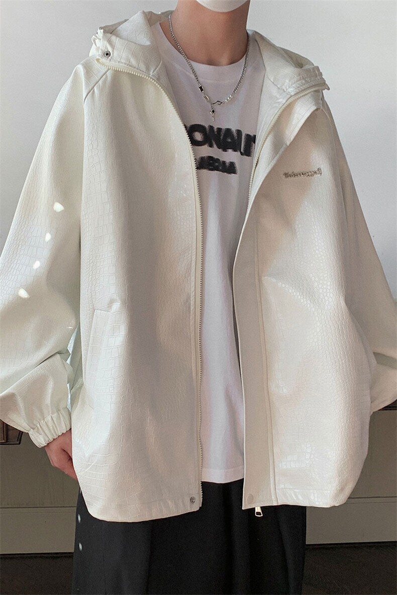 港风连帽鳄鱼纹PU皮衣大码情侣休闲冲锋衣夹克男JK8744P90控128,男装皮衣,星座227-7