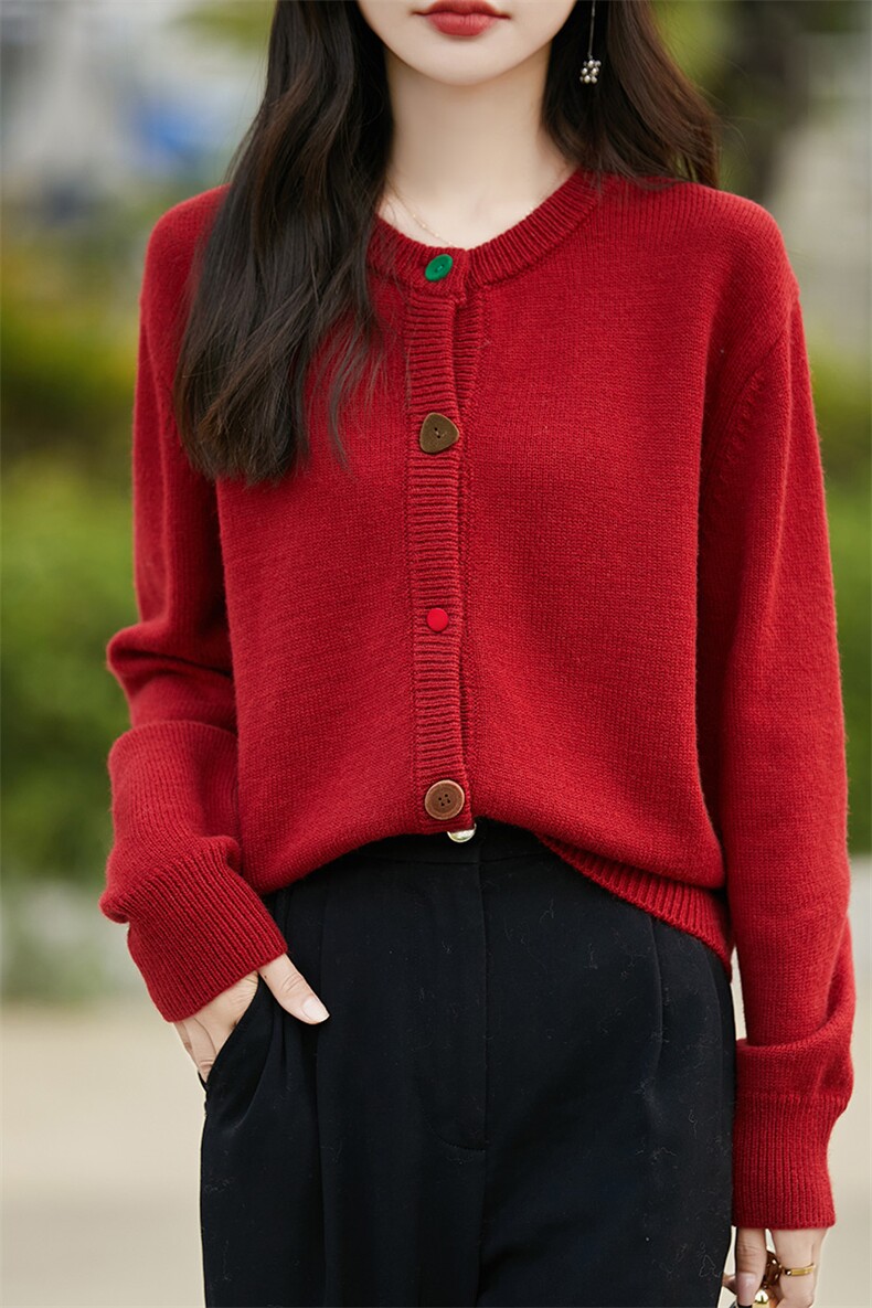 100%纯羊毛开衫女士圆领加厚彩扣长袖毛衣外套宽松羊绒衫针织外搭,女装羊毛衫,片语羊绒