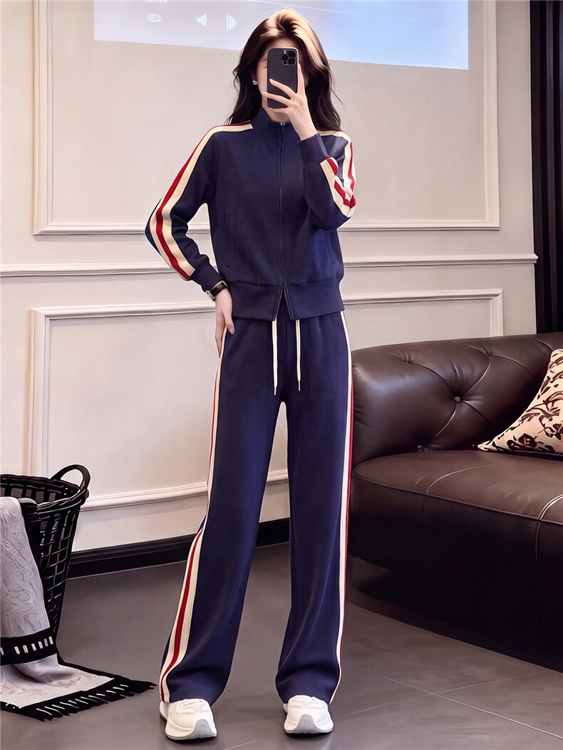 纯色运动套装女秋季新款时尚洋气高端拉链卫衣休闲阔腿长裤两件套,女装套装/套裙,江南