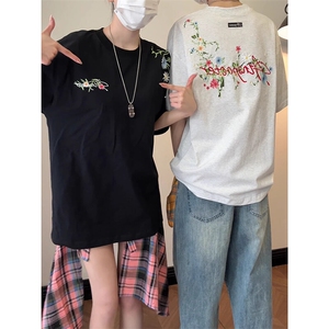 万针全刺绣工艺抖音得物高品质260克重磅纯棉双纱美式高街短袖T恤图片