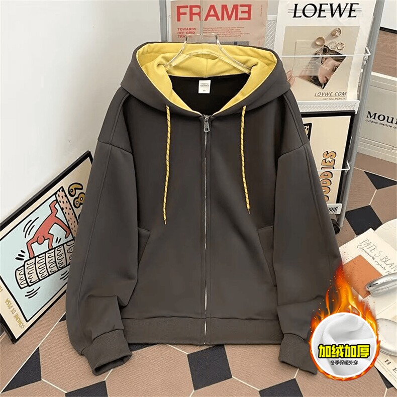 480G重磅加绒硬挺boxy男女秋冬美式高街双层撞色连帽卫衣开衫外套，女装短外套，电商A486