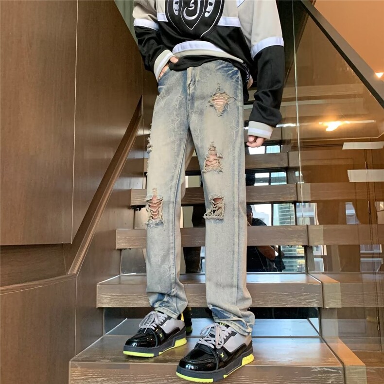 美式高街百搭直筒牛仔裤显高显瘦欧美水洗黄泥破洞毛边K9054-P50,男装牛仔裤,星座1109-3
