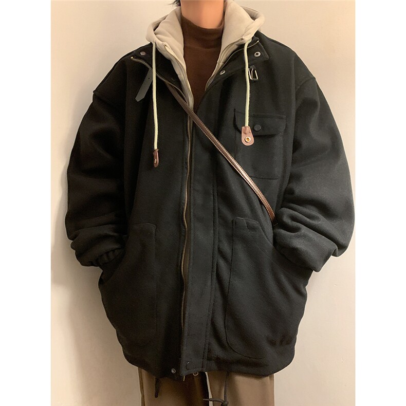 EQ158冬季新款港风日系毛呢大衣假两件加厚连帽棉衣棉服外套P145,男装棉衣,电商C306-1