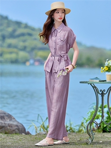 2026年夏季新款时尚收腰文艺风系带阔腿裤套装图片