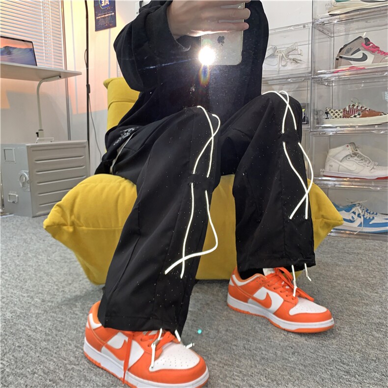 炸街裤子反光条纹夜跑裤男秋季vibe风设计感裤子运动长裤K240-p35,男装休闲裤,星座1008