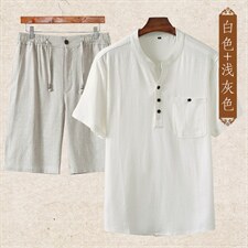 主推款高端夏季男士唐装中年棉麻套装中老年高品质亚麻短袖T恤，男装中老年男装，钱塘723