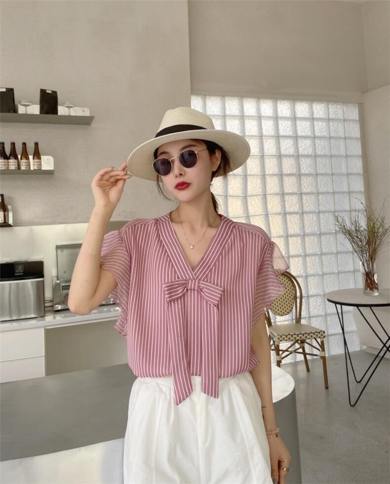 【夏季新款】木耳边条纹短袖上衣，其它，艾绮雪影