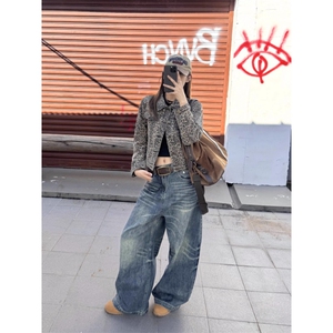 美式复古宽松水洗弯刀牛仔裤男女阔腿高街cleanfit长裤WLN400-P55