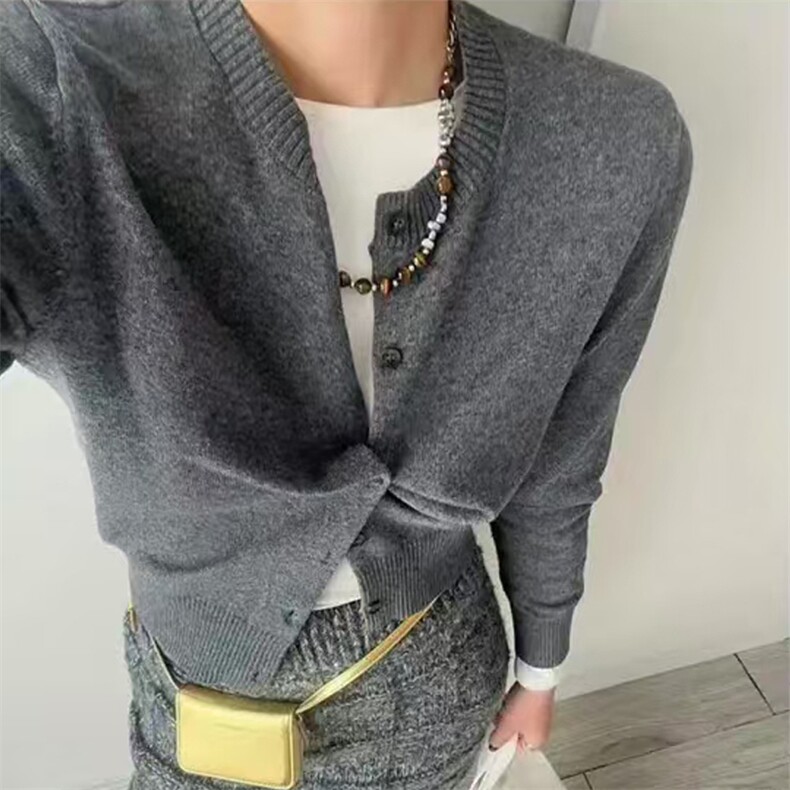 长袖针织开衫女宽松百搭纯色羊毛休闲外套上衣,女装羊毛衫,唯若美羊绒