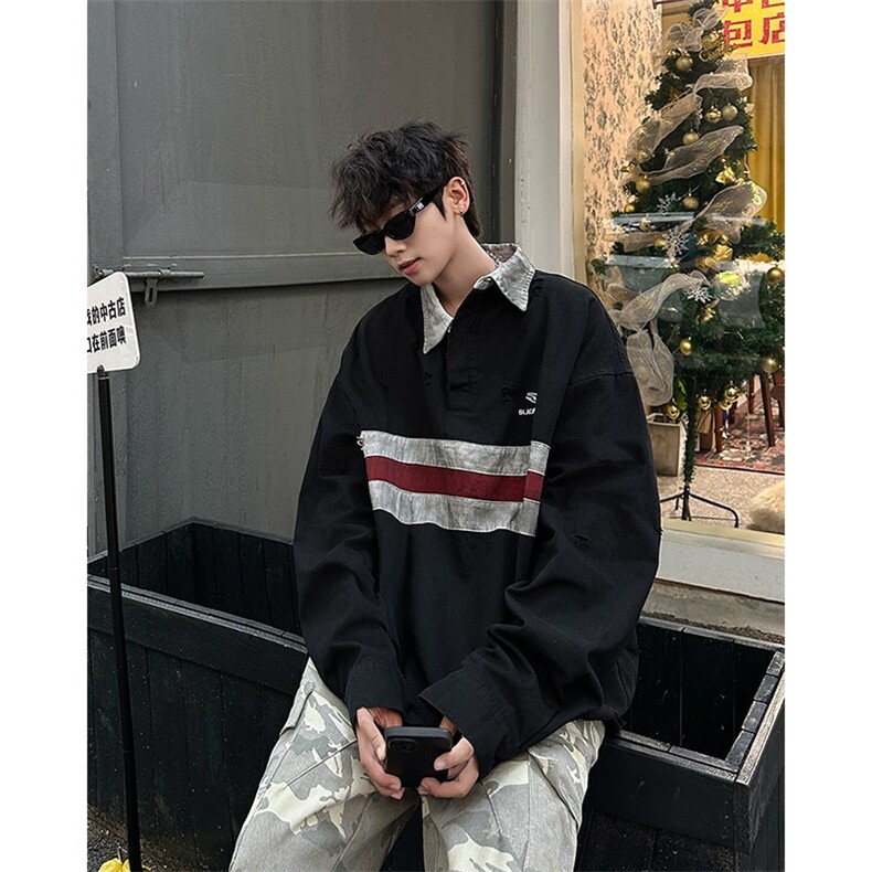 E38P60潮牌复古撞色拼接不规则设计POLO领衬衫男女in，男装Polo衫，星座512-6