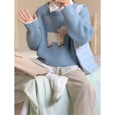 MM129-P68美式可爱羊羔图针织圆领长袖毛衣学生软糯宽松上衣，女装针织衫/毛衣，星座617A-2