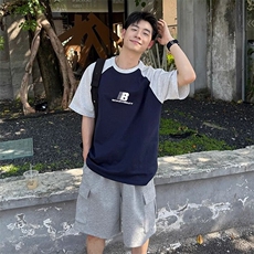 抖音得物高品质二开240克宽松纯棉美式潮牌插肩袖拼接短袖T恤，男装T恤，电商A486