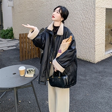 新款皮衣拼接羊羔毛羽绒服9932-P268-K388，女装羽绒服，2C129