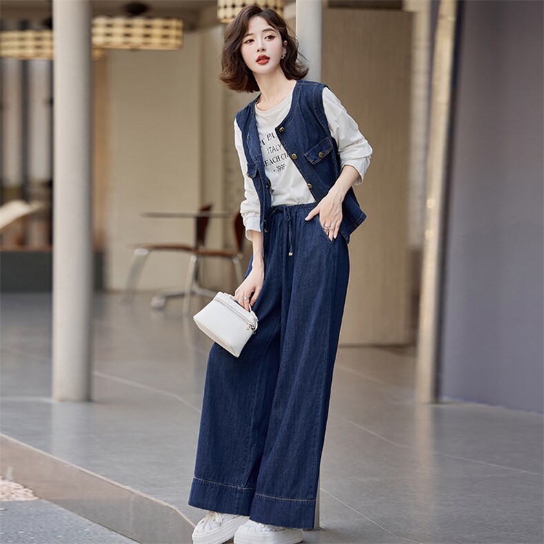 【新款现货】时尚休闲牛仔两件套~2024新款牛仔套装时髦慵懒,女装套装/套裙,慕依路