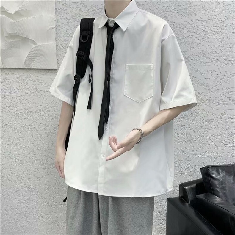 无领带夏季薄款短袖衬衫男港风宽松班服DK学院风衬衣C2002/P25,男装衬衫,电商D202-1