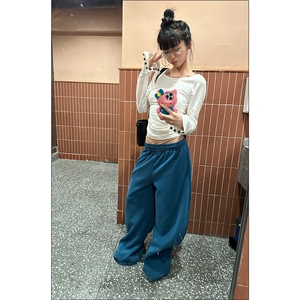 美式慵懒风字母印花阔腿休闲裤女宽松跳舞垂感百搭直筒裤图片