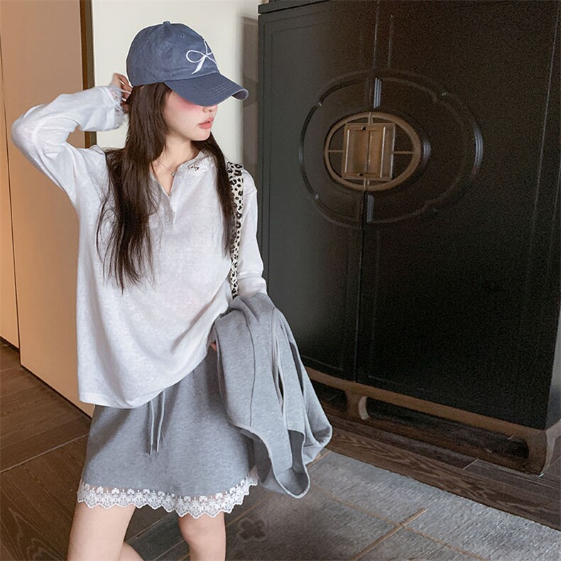 灰色休闲减龄套装裙女2025春新款韩版宽松马甲连帽内搭短裙三件套,女装套装/套裙,2C159
