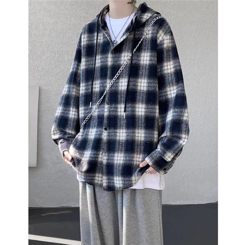CS378-P38美式格子连帽衬衫男女2025春秋冬季复古慵懒风设计感,男装衬衫,电商B323A