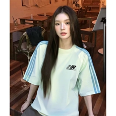 抖音得物品质二开240克宽松纯棉美式潮牌印花三条杠中性风短袖T恤，男装T恤，电商A486