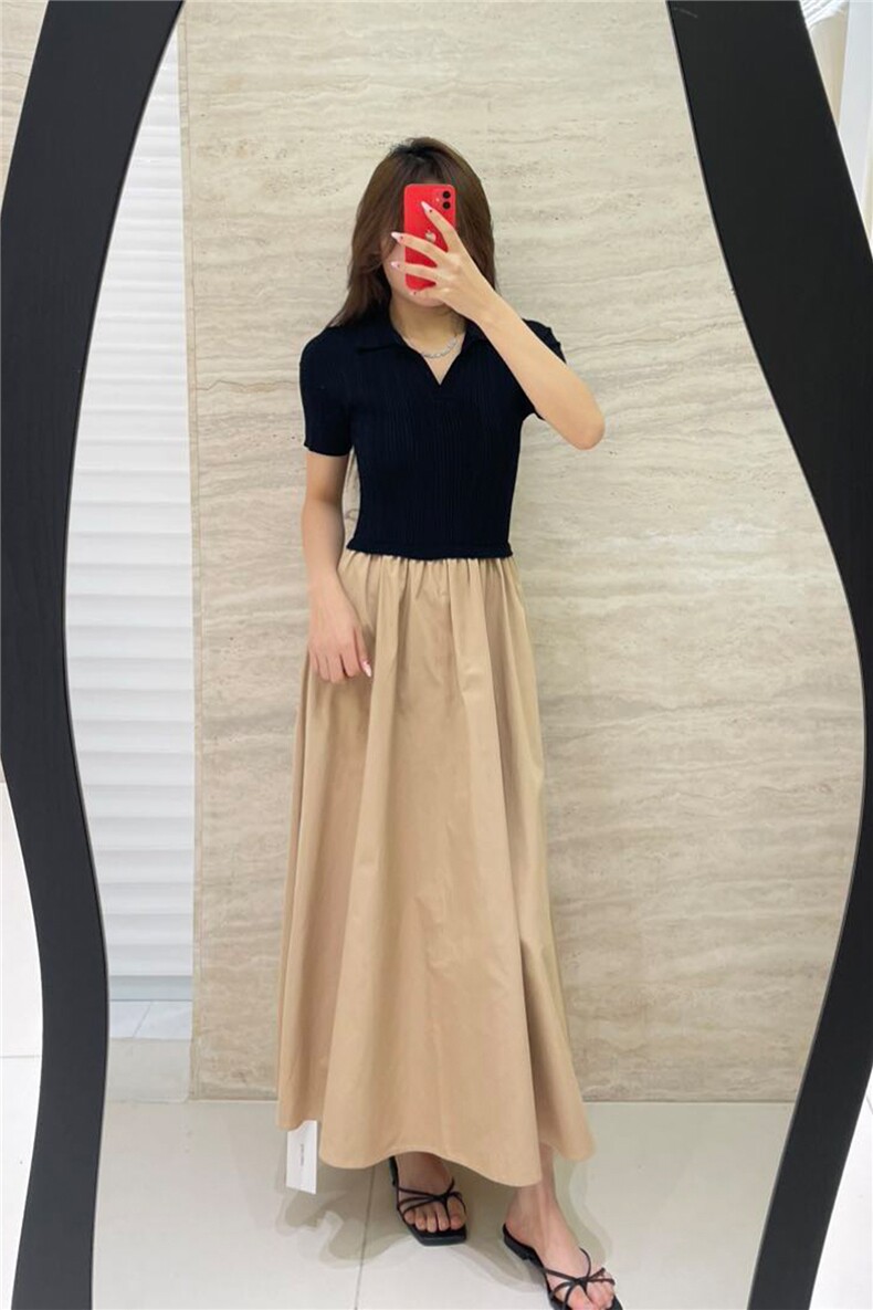 坑天POLO领拼接纯棉半身裙,女装连衣裙,优麦羊绒（原洪叶羊绒）
