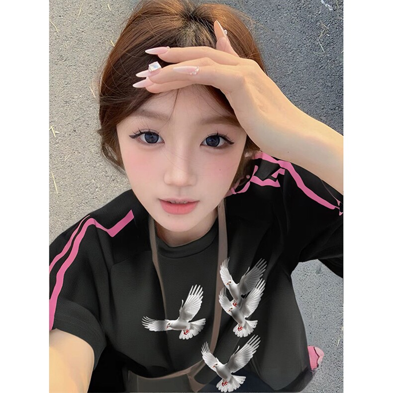 抖音得物品质二开240克宽松纯棉美式潮牌印花三条杠中性风短袖T恤,男装T恤,电商A486-1