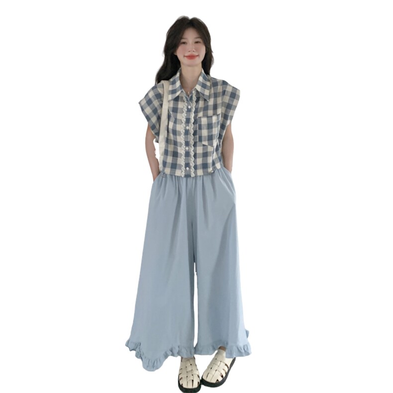 韩系甜美学院风蕾丝花边格子衬衣套装女夏季2025新款阔腿裤两件套,女装套装/套裙,2C135