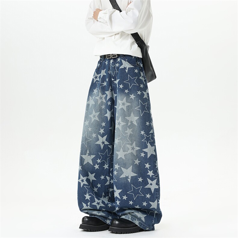 【现货】XZ1218 BK7097 特价P47美式复古水洗星星满印弯刀牛仔裤图片