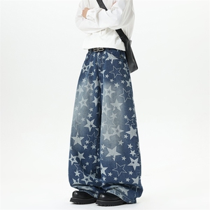 【现货】XZ1218 BK7097 特价P47美式复古水洗星星满印弯刀牛仔裤图片
