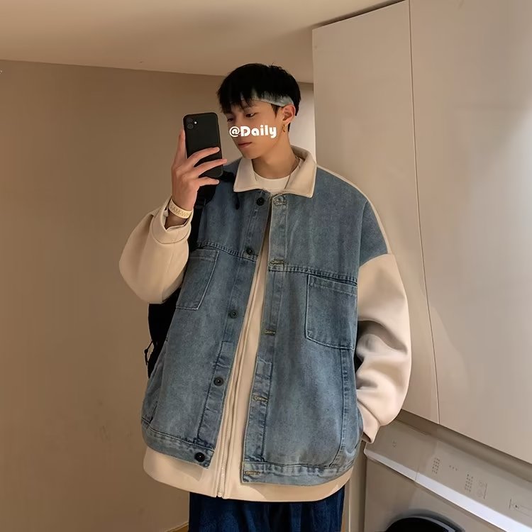 假两件牛仔外套男秋季潮牌设计感拼接港风韩版潮流宽松休闲夹克衫,男装工装外套,星座1210-1
