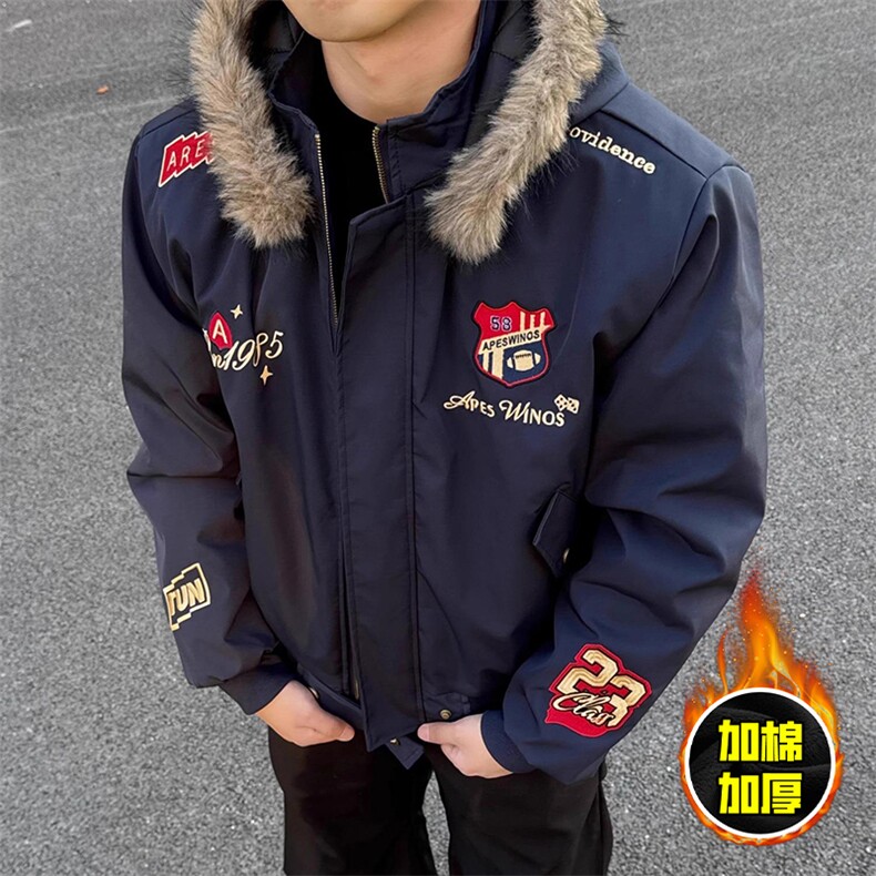 现货高品质美式高街重磅刺绣座山雕大毛毛领棉衣男女加厚棉服外套，男装棉衣，电商A486