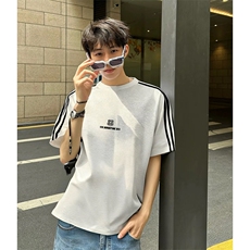 抖音得物高品质二开240克宽松纯棉美式潮牌三条杠织带短袖T恤，男装T恤，电商A486-1