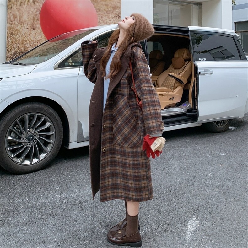 韩系格纹保暖双面羊绒大衣女冬独特漂亮连帽长款毛呢外套图片