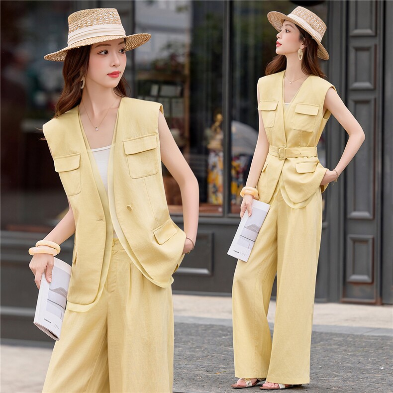 2026夏季时尚麻料显瘦洋气收腰气质女人味奶黄无袖系腰带套装，女装套装/套裙，美沁