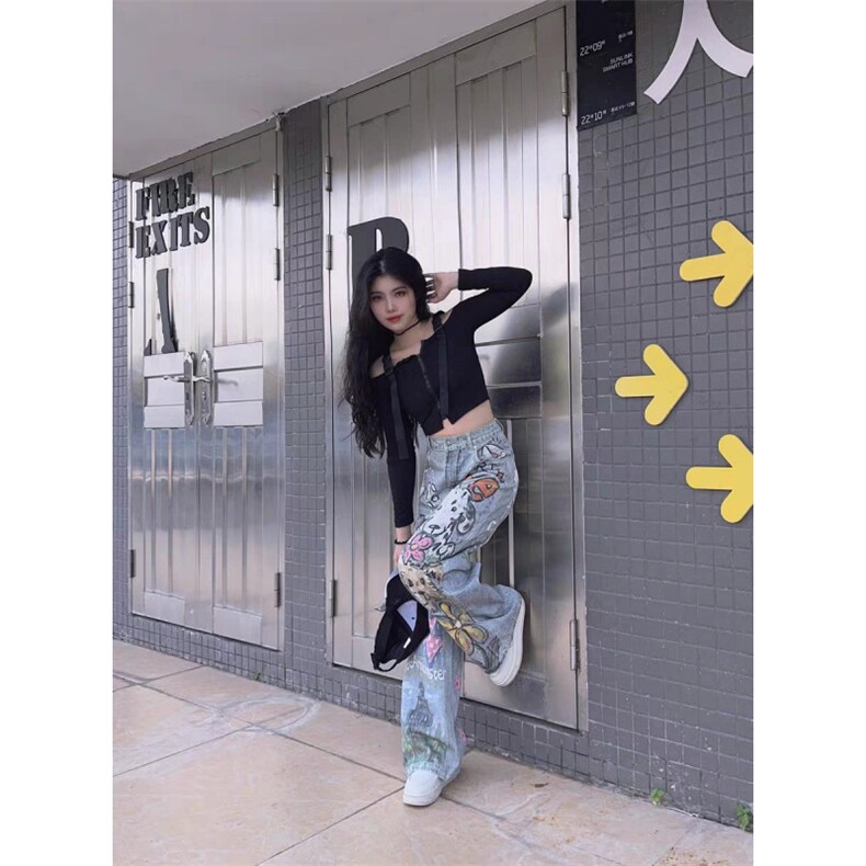 美式高街趣味猫狗涂鸦牛仔裤男女款弯刀裤P52Y3197,男装牛仔裤,星座1112-1