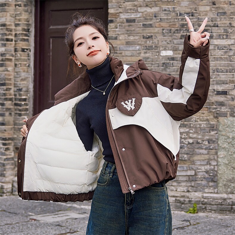 派克服羽绒服女2024冬季新款小个子短款欧货休闲拼接加厚工装外套,女装羽绒服,韩蜜菓