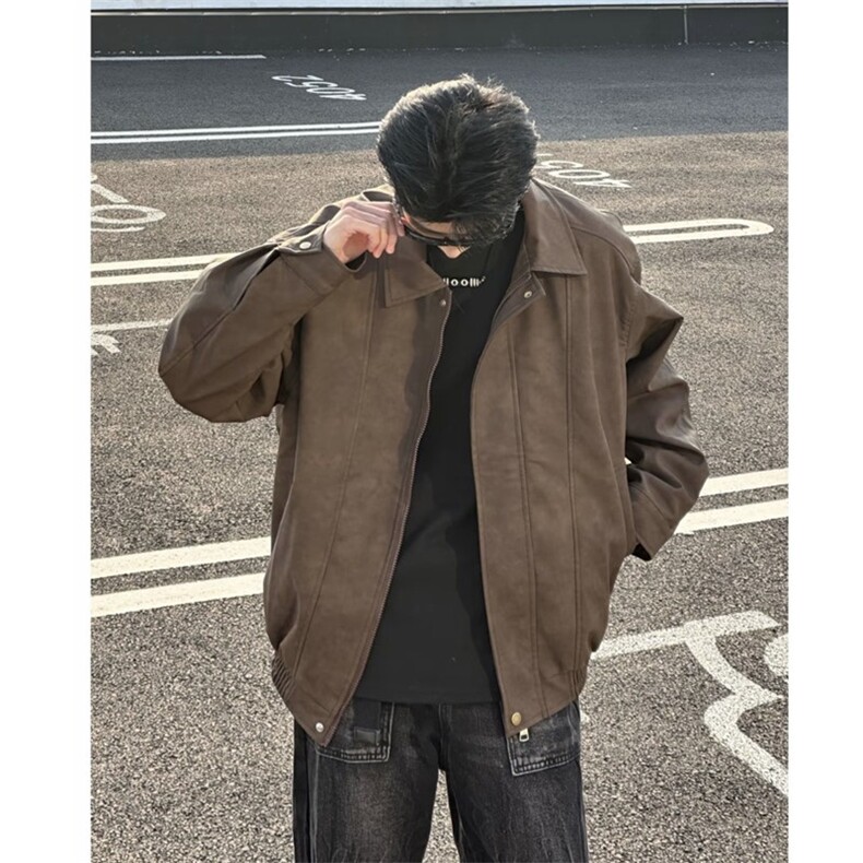 抖音PU皮夹克宽松复古纯色外套DY2407-特P80加厚2408-P90,男装夹克,星座1213
