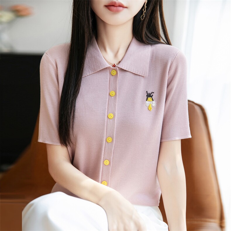天丝翻领蜜蜂短袖,女装T恤,暖娇绒包芯纱店